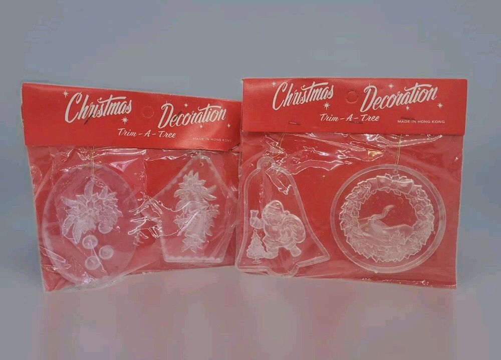 Vintage Clear Plastic Christmas Tree Decoration  Santa Bells Holly NIP Hong Kong